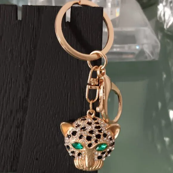 MINT Cheetah Gold Black Enamel Green & Clear Crystals Purse Charm Key Chain**NEW - Picture 4 of 7